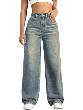 Women's Dusk Blue High Waisted Wide Denim Pants Baggy Trendy Straight Leg Jeans